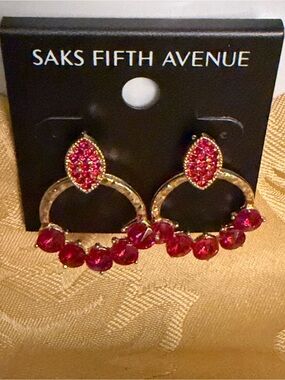 Saks Fifth Avenue Golden Hoop Earrings with Fuchsia Red Crystals